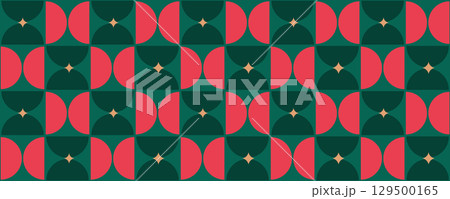 Christmas seamless pattern. Abstract Bauhaus seamless texture. Half circle shapes background. Xmas geometric simple design. Red and green texture in Bauhaus style. Vintage mosaic vector illustration 129500165
