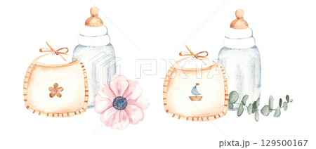 Set of Newborn Baby Compositions for Boy and Girl, Twins. Bib with a boat and flower, Bottle for milk, anemone and eucalyptus branch. Watercolor hand drawn illustration of cute Infant accessories in 129500167