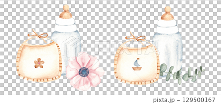 Set of Newborn Baby Compositions for Boy and Girl, Twins. Bib with a boat and flower, Bottle for milk, anemone and eucalyptus branch. Watercolor hand drawn illustration of cute Infant accessories in 129500167