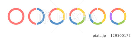 Circle division infographic icon set. Pie chart divided 3,4,5,6 equal parts. Color ring, donut round diagram. Infographic wheel segment and fraction. Vector illustration isolated on white background 129500172