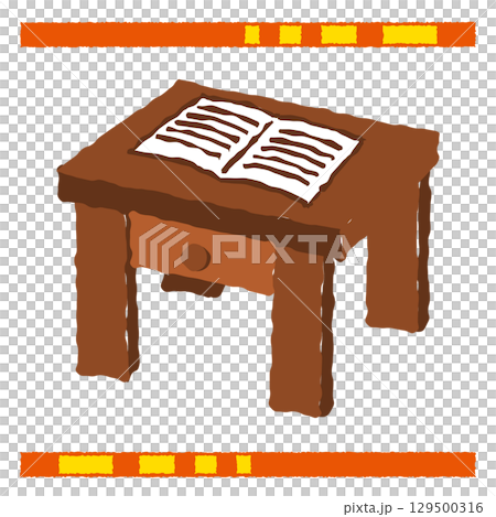 放在木桌上的一本打開的書的插圖 129500316