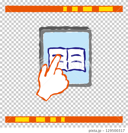 Illustration of a finger tapping on a book on a tablet device Illustration of a finger tapping on a book on a tablet device 129500317