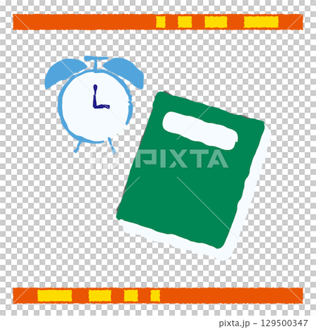 Illustration of a blue alarm clock and a green notebook 129500347
