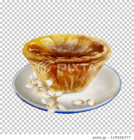 Pastel de Nata – a traditional Portuguese custard tart made of flaky pastry filled with rich egg custard,dusted with cinnamon,on a porcelain saucer with lemon blossom flowers.Watercolor illustration 129500377