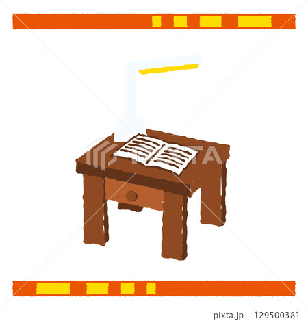 スタンドライトと本が置かれた木製机のイラスト 129500381