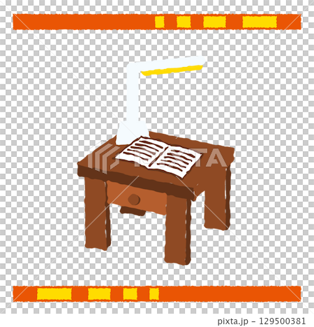 一張木桌上放著一盞燈和一本書的插圖 129500381