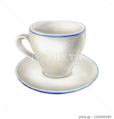 Classic simple cup and plate with elegant handle and blue border as a piece of kitchen utensils and symbol of tea or coffee drinking or just a break.Hand drawn watercolor illustration in minimalism 129500384