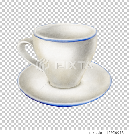 Classic simple cup and plate with elegant handle and blue border as a piece of kitchen utensils and symbol of tea or coffee drinking or just a break.Hand drawn watercolor illustration in minimalism Classic simple cup and plate with elegant handle and blue border as a piece of kitchen utensils and symbol of tea or coffee drinking or just a break.Hand drawn watercolor illustration in minimalism 129500384