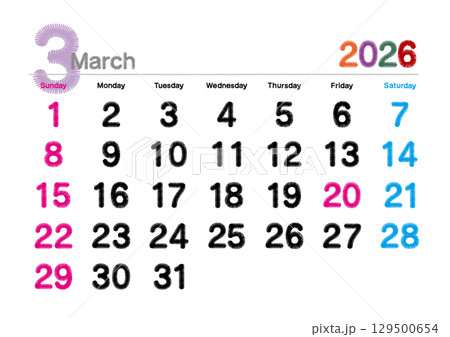 2026年3月の刺繍文字風カレンダー 日曜始まり 2026年3月の刺繍文字風カレンダー 日曜始まり 129500654