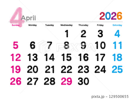 2026年4月の刺繍文字風カレンダー 日曜始まり 129500655