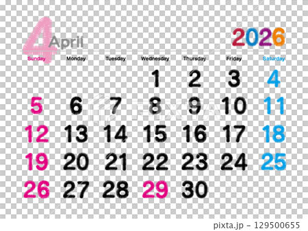 2026 年 4 月刺繡字母日曆（週日開始） 129500655