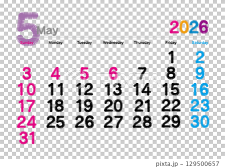 Embroidered letter style calendar for May 2026 (Sunday start) 129500657