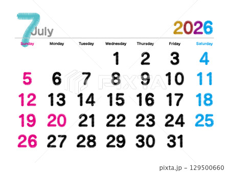 2026年7月の刺繍文字風カレンダー 日曜始まり 2026年7月の刺繍文字風カレンダー 日曜始まり 129500660