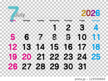 2026年7月の刺繍文字風カレンダー 日曜始まり 2026年7月の刺繍文字風カレンダー 日曜始まり 129500660