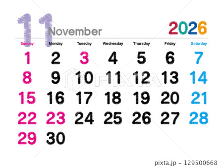 2026年11月の刺繍文字風カレンダー 日曜始まり 129500668