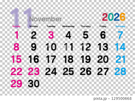 2026年11月の刺繍文字風カレンダー 日曜始まり 129500668