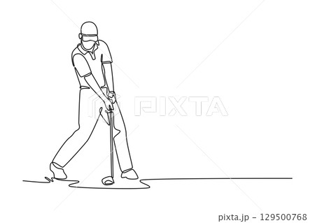 Continuous one line drawing male golfer in address position, bent over and focused on the ball, depicting intense concentration and anticipation before a powerful tee shot. Design vector illustration Continuous one line drawing male golfer in address position, bent over and focused on the ball, depicting intense concentration and anticipation before a powerful tee shot. Design vector illustration 129500768