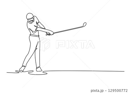 Continuous one line drawing active male golfer during powerful downswing, depicting intense focus, athletic motion, and precision required to hit perfect golf shot. Design vector graphic illustration 129500772