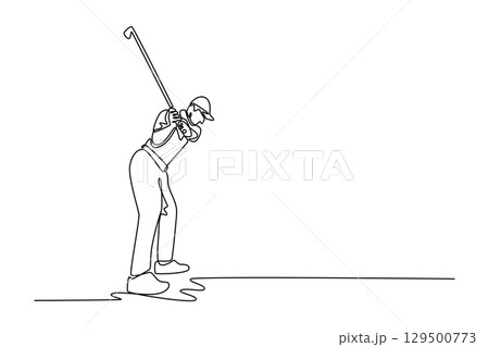 Continuous one line drawing attractive male golfer during powerful downswing, depicting intense focus, athletic motion, precision required to hit perfect golf shot. Design vector graphic illustration 129500773