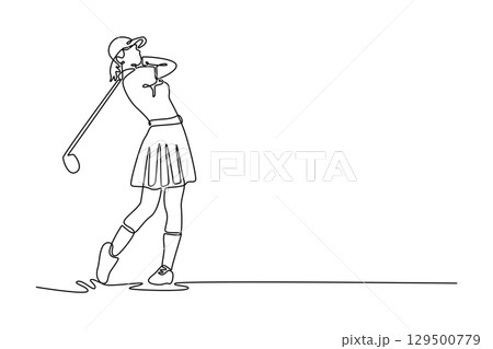 Single one line drawing woman golfer finishing her powerful swing with elegant follow through, depicting grace, athleticism, and beauty sport. Continuous line draw design graphic vector illustration Single one line drawing woman golfer finishing her powerful swing with elegant follow through, depicting grace, athleticism, and beauty sport. Continuous line draw design graphic vector illustration 129500779