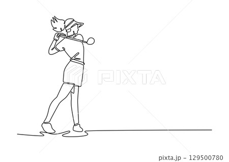 Single continuous line drawing of professional woman golfer in dynamic motion of her swing, capturing the athletic power, graceful form, and focused intensity sport of golf. Design vector illustration 129500780