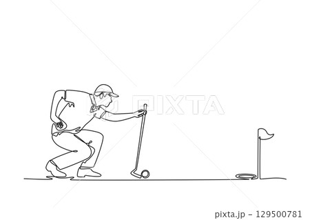 Single continuous line drawing man golfer lining up his shot, showcasing the concentration and precision required in golf. Healthy lifestyle. Dynamic one line draw graphic design vector illustration Single continuous line drawing man golfer lining up his shot, showcasing the concentration and precision required in golf. Healthy lifestyle. Dynamic one line draw graphic design vector illustration 129500781