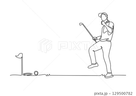 Single continuous line drawing male golfer celebrating a successful putt, depicting the joy and excitement of the sport. Golf event tournament. Dynamic one line draw graphic design vector illustration 129500782