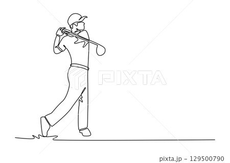 Single one line drawing male golfer finishing his powerful swing with an elegant follow through, depicting successful golf shot and satisfaction of a job well done. Design graphic vector illustration Single one line drawing male golfer finishing his powerful swing with an elegant follow through, depicting successful golf shot and satisfaction of a job well done. Design graphic vector illustration 129500790