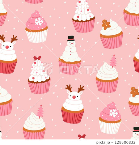 Seamless pattern with different Christmas cupcakes in pink color scheme. Vector graphics. Seamless pattern with different Christmas cupcakes in pink color scheme. Vector graphics. 129500832