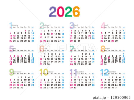 2026年の刺繍文字風年間カレンダー 日曜始まり 129500963