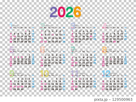 2026年の刺繍文字風年間カレンダー 日曜始まり 129500963