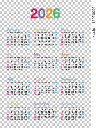 2026年の刺繍文字風年間カレンダー 日曜始まり 日本の祝日表記無し 129500964