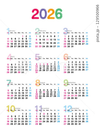 2026年の刺繍文字風年間カレンダー 日曜始まり 129500966