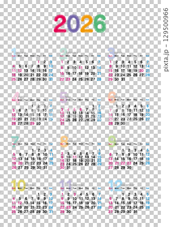 2026年の刺繍文字風年間カレンダー 日曜始まり 129500966