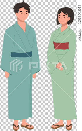 japanese culture couple illustration wearing yukata kimono dress traditional japan fashion 129501042