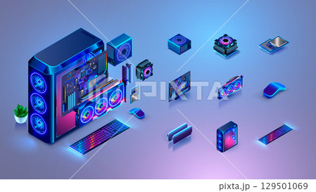 Computer parts set in isometric. 3D vector realistic color icons of processor, motherboard, RAM, cooler, power supply, computer case, graphics card. Computer hardware. Assembling a desktop pc computer 129501069