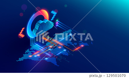 Cloud data storage isometric. Cloud based data storage access over the Internet anywhere in the world. The cloud is connected to the world map. Global communications of Data Center for cloud computing 129501070