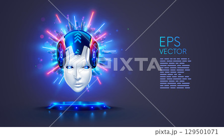 AI or AGI in the form of robot or cyborg head hanging over a podium in neon rays and a megacity behind in cyberspace. Technologies of AI, AGI and neural networks. Wise face of artificial intelligence AI or AGI in the form of robot or cyborg head hanging over a podium in neon rays and a megacity behind in cyberspace. Technologies of AI, AGI and neural networks. Wise face of artificial intelligence 129501071