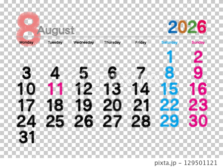 2026年8月繡日曆,從星期一開始 2026年8月繡日曆,從星期一開始 129501121