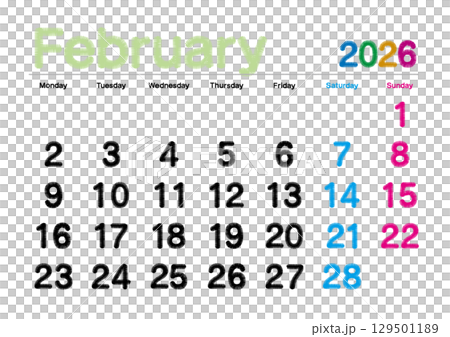 February 2026 embroidered calendar, starts on Monday, no Japanese holidays February 2026 embroidered calendar, starts on Monday, no Japanese holidays 129501189