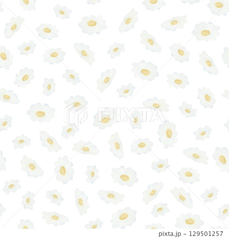 Simple naive floral seamless pattern with white chamomiles. Tiny small daisies repeat background in childish flat style. Hand drawn cute flowers kids for textiles, spring fabric or nursery wallpaper 129501257