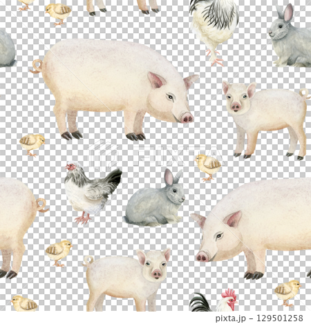 Farm pigs, piglets, rabbits, roosters and chickens watercolor seamless pattern on white. Hand drawn cute animals repeat background for village and countryside designs in pastel pink beige colors Farm pigs, piglets, rabbits, roosters and chickens watercolor seamless pattern on white. Hand drawn cute animals repeat background for village and countryside designs in pastel pink beige colors 129501258