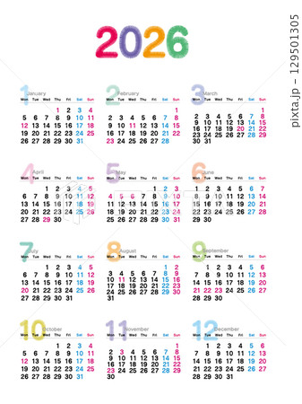 2026年の刺繍文字風年間カレンダー 月曜始まり 129501305