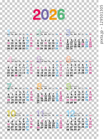2026年の刺繍文字風年間カレンダー 月曜始まり 129501305