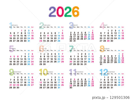 2026年の刺繍文字風年間カレンダー 月曜始まり 129501306