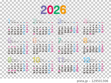 2026年の刺繍文字風年間カレンダー 月曜始まり 129501306