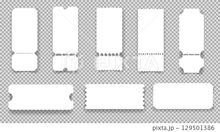 Set tickets, coupons or vouchers. Retro Cinema concert paper tag with separation point empty template, label. Vintage shape raffle edge, frame border.  129501386