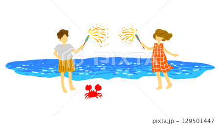 海辺で手持ち花火を楽しむイラスト 129501447