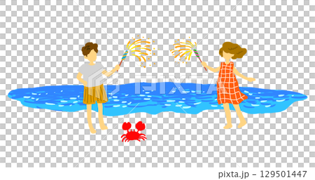 Illustration of enjoying hand-held fireworks at the beach 129501447