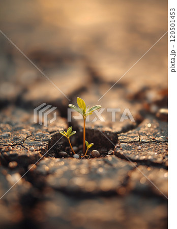 a small green seedling bravely sprouting through the dry, cracked surface of arid earth. 129501453
